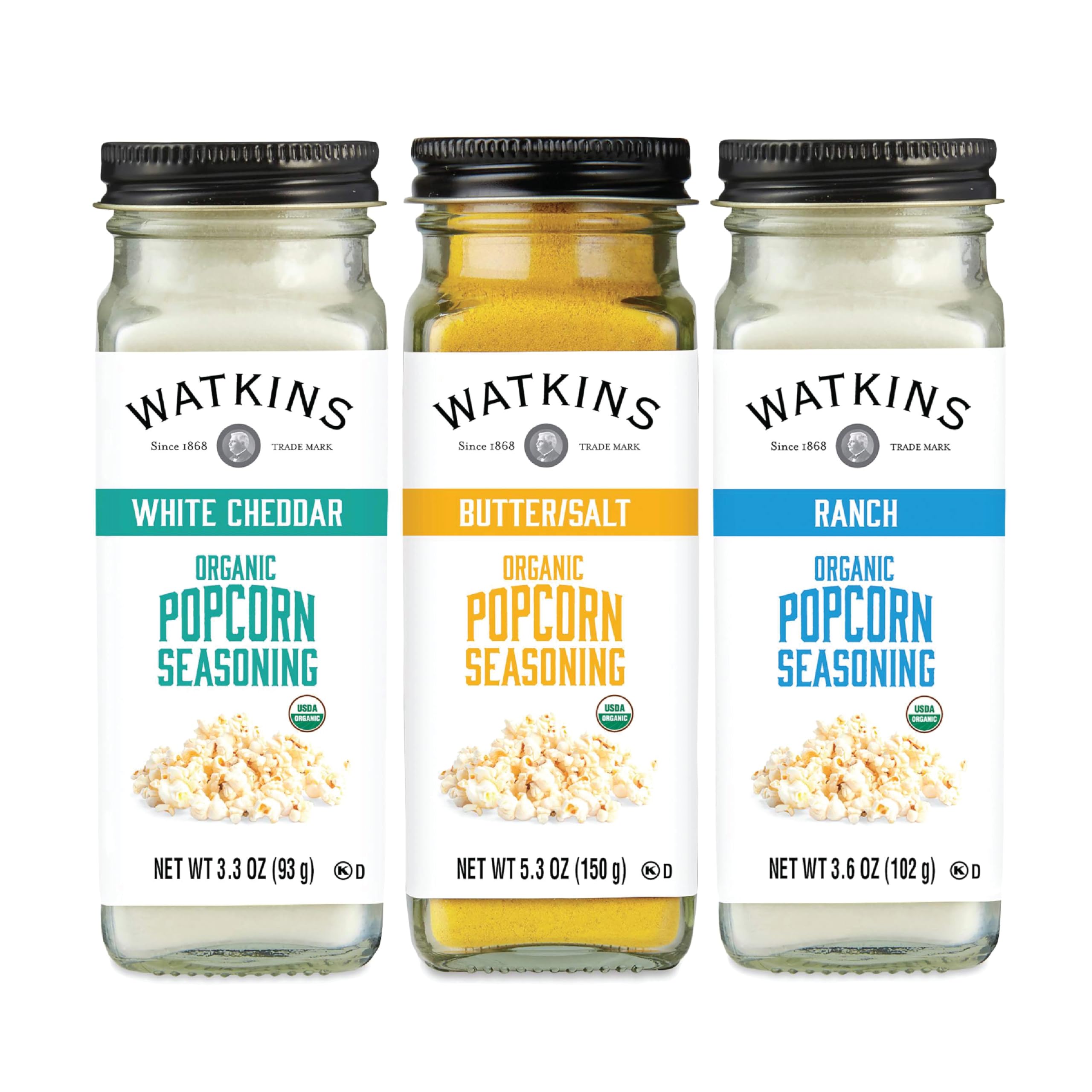 Watkins multi-flavor popcorn seasoning variety pack displayed in box for family movie night