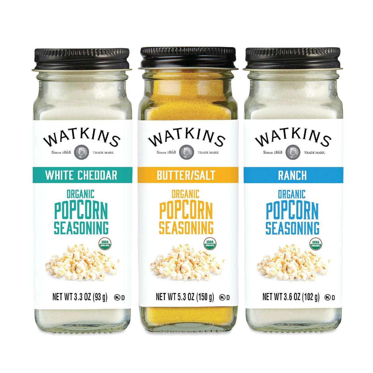 Watkins multi-flavor popcorn seasoning variety pack displayed in box for family movie night