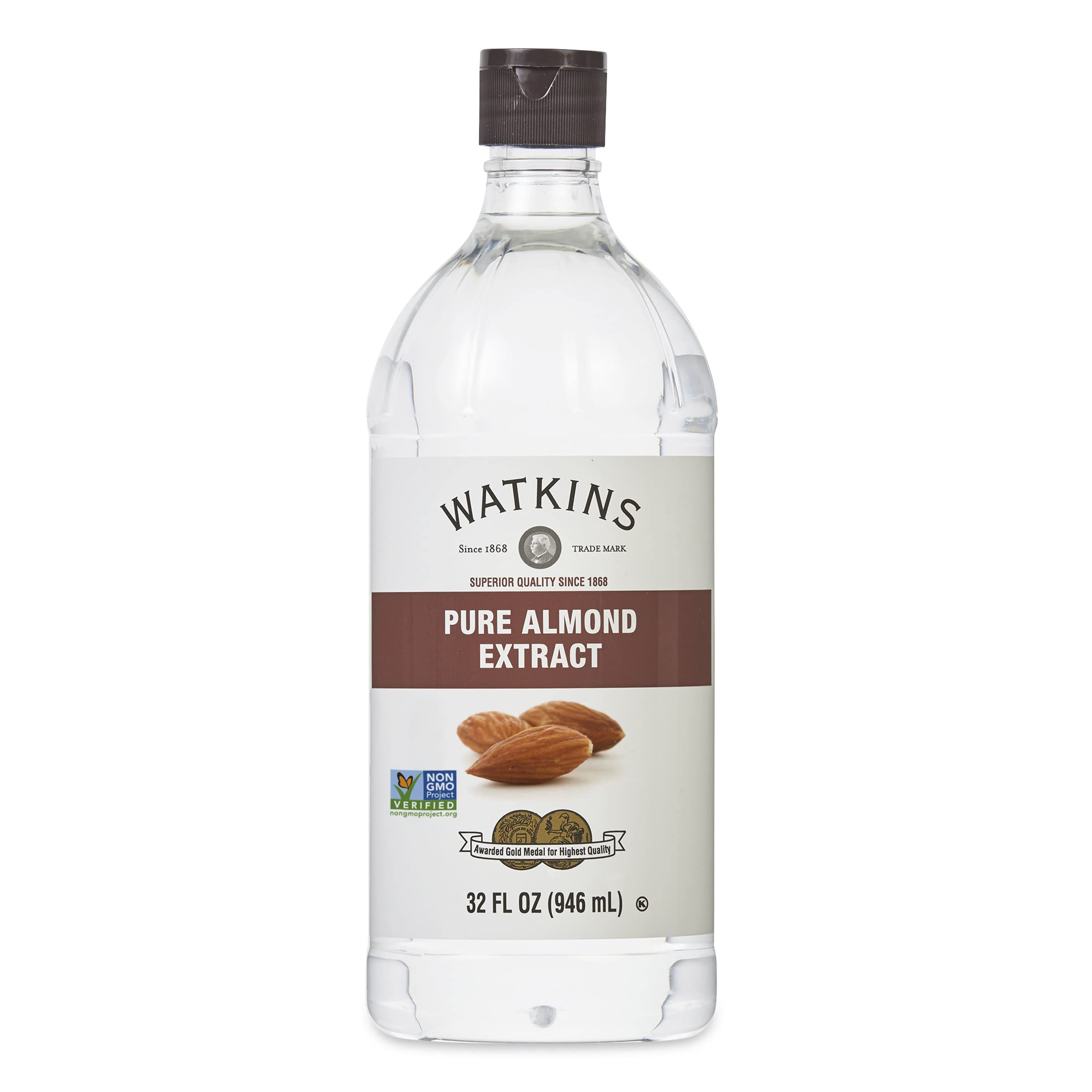 Watkins Pure Almond Extract 32oz bottle for baking flavor enhancement.
