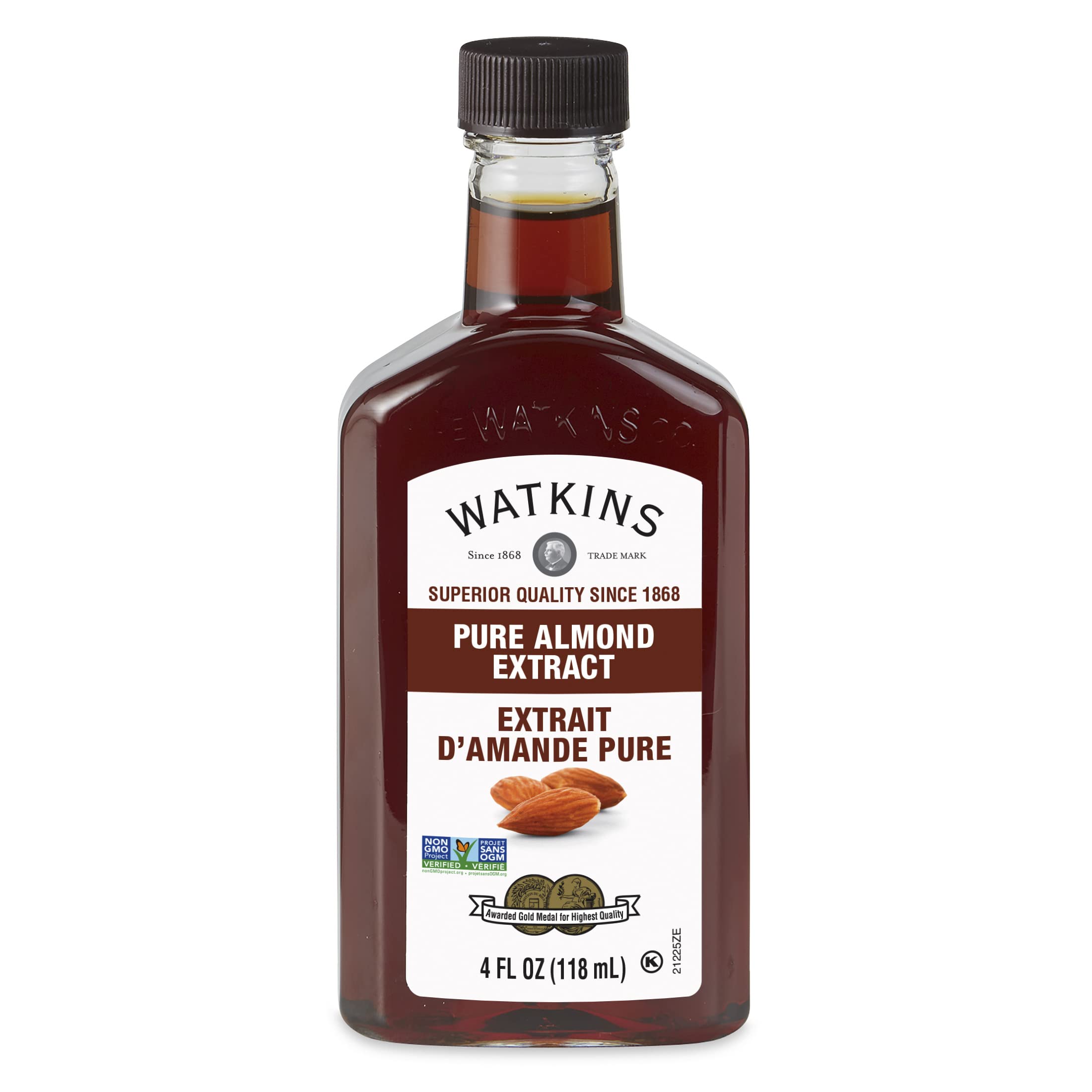 Watkins Pure Almond Extract bottle in a kitchen, ideal for baking and flavoring drinks.