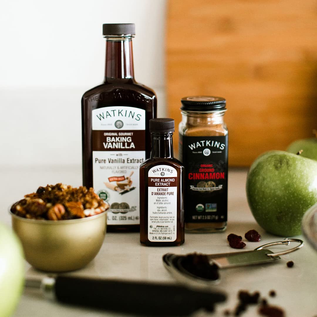 Watkins Pure Almond Extract ingredients label highlights non-GMO and kosher status.