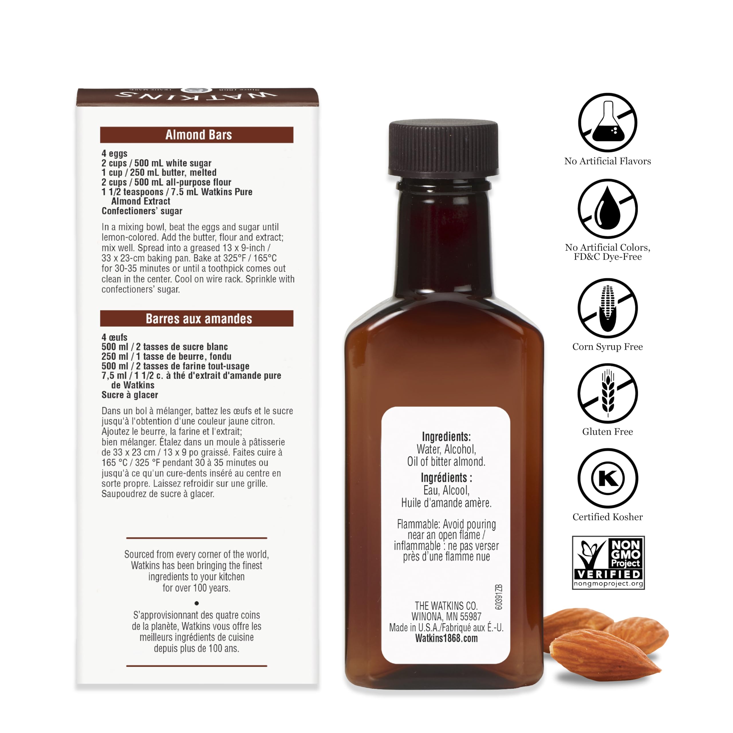 Watkins Pure Almond Extract label highlights USA-made, pure ingredients
