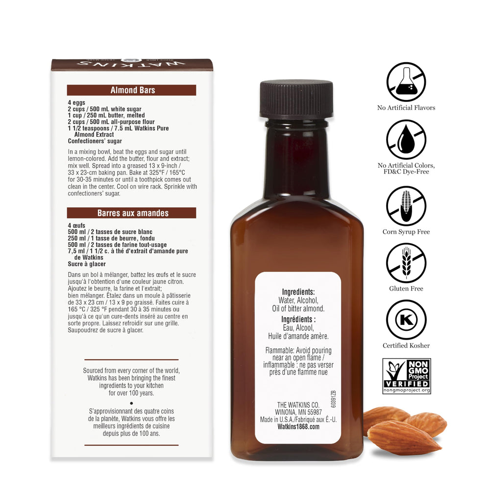 Watkins Pure Almond Extract label highlights USA-made, pure ingredients