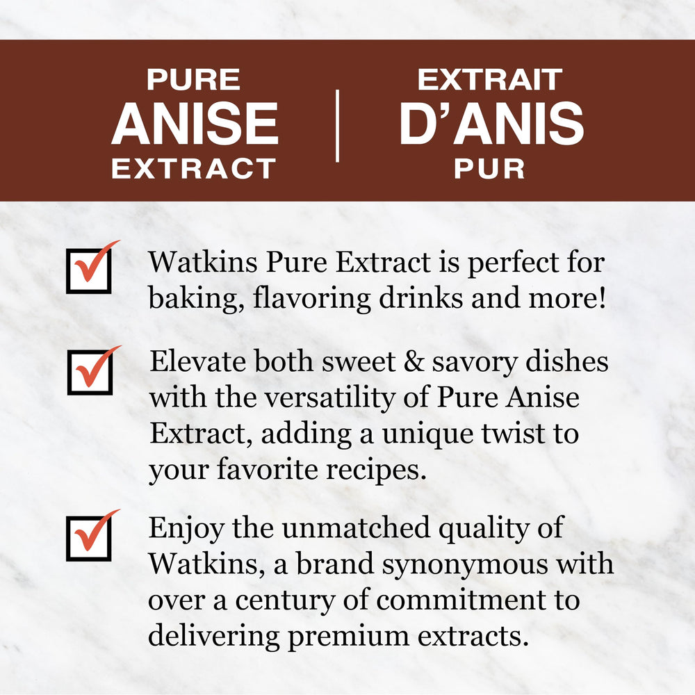 Watkins Pure Anise Extract highlighting natural oils and quality.