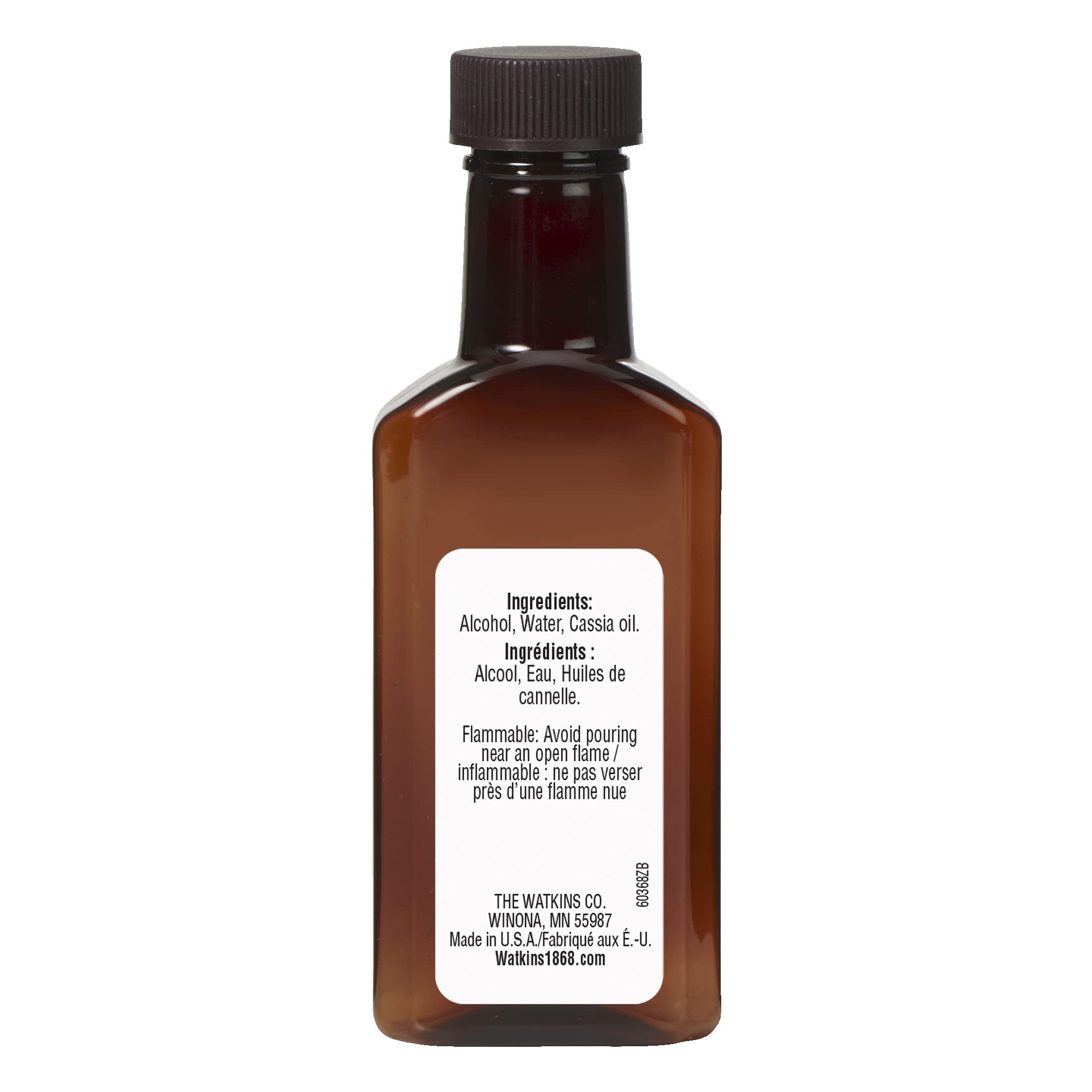 Watkins Pure Cinnamon Extract label close-up showing ingredients.