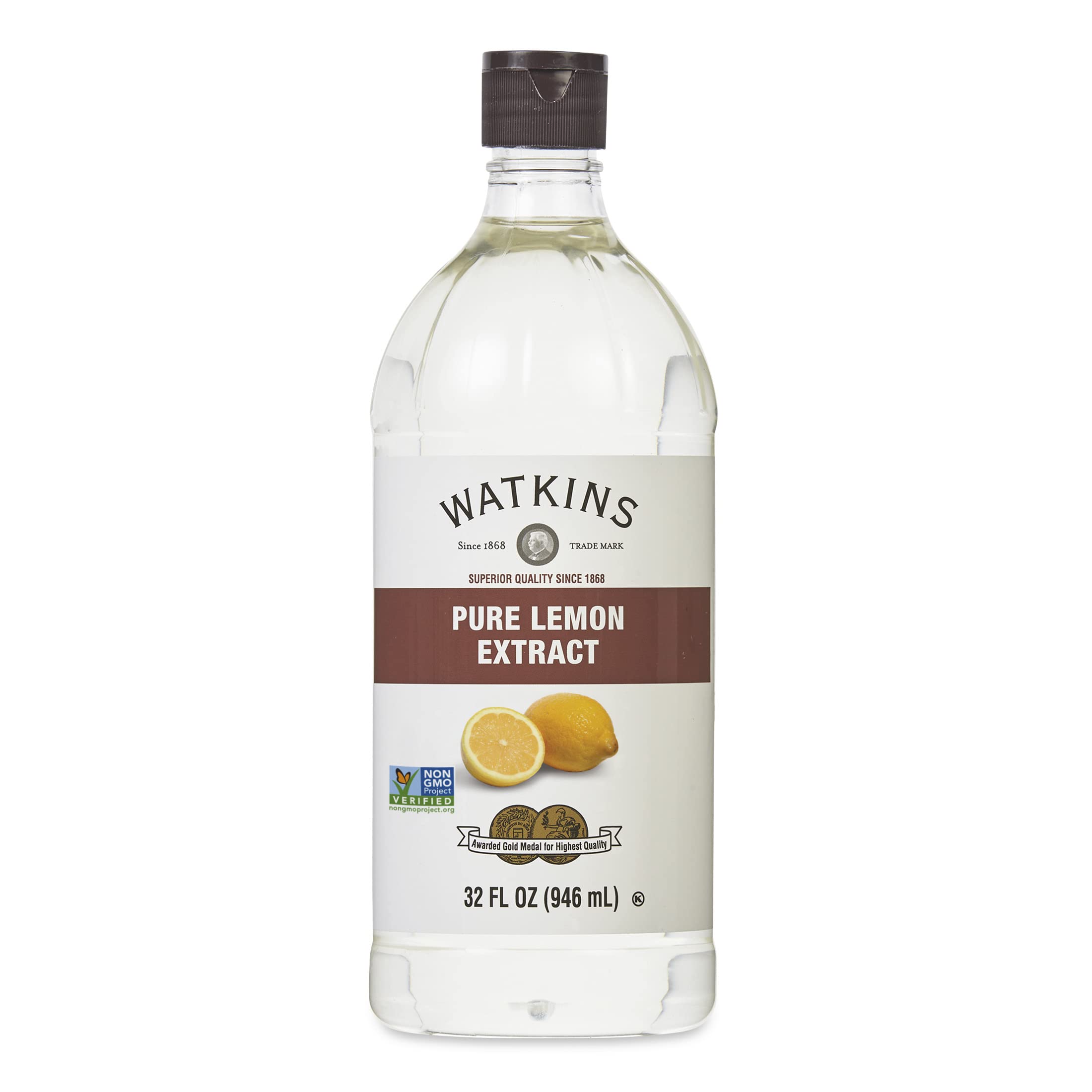 Watkins Pure Lemon Extract 32 oz bottle ideal for baking and flavoring.