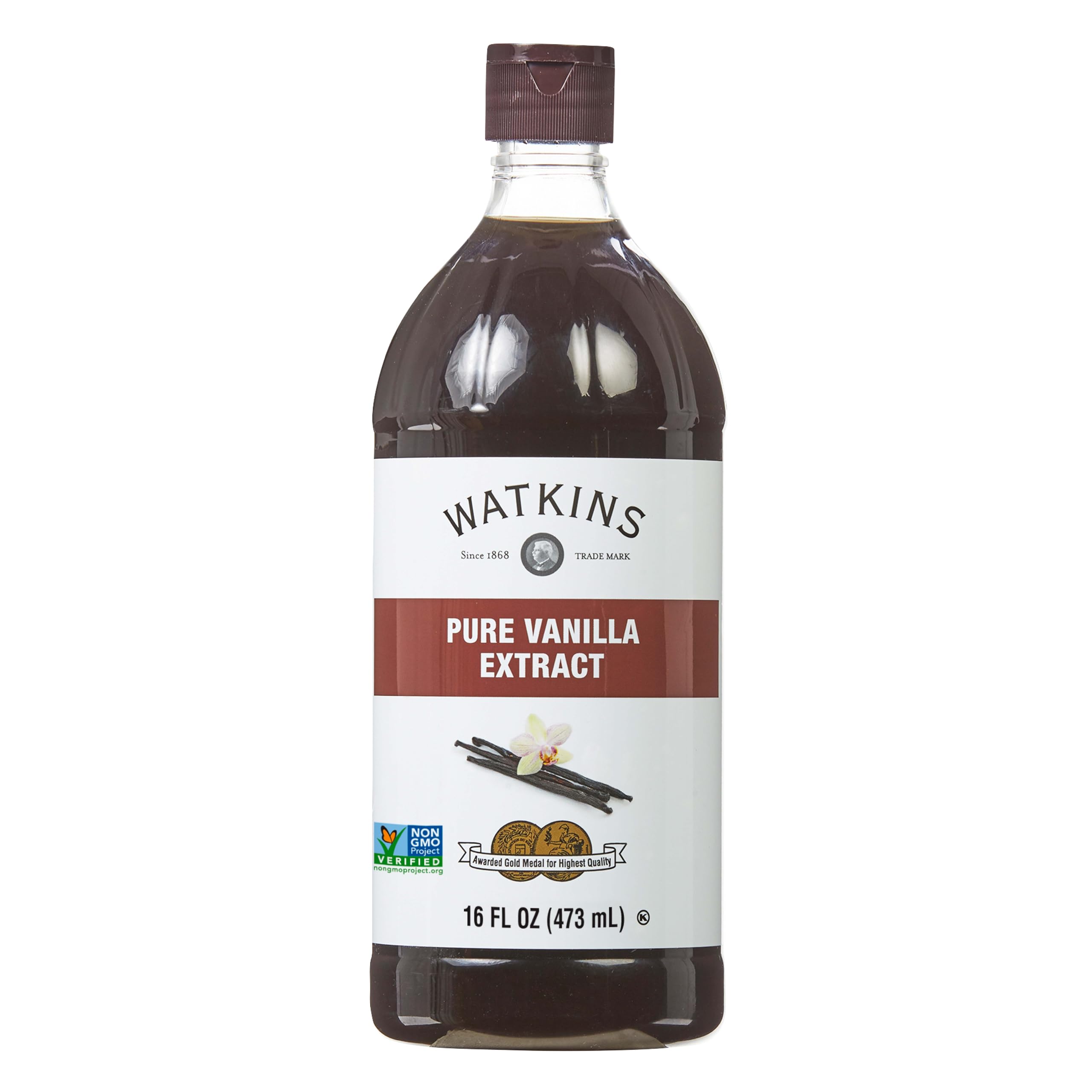 Watkins Pure Vanilla Extract bottle shown in kitchen, ideal for baking.