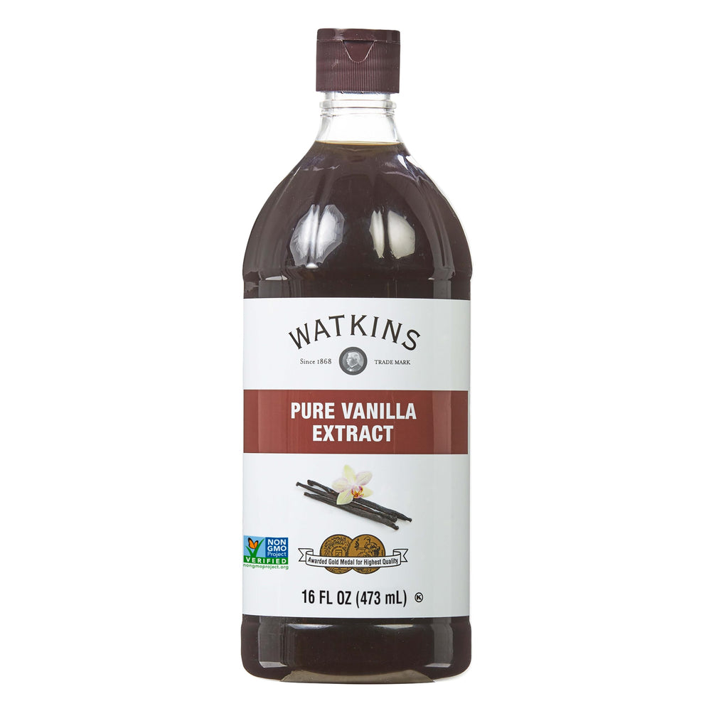 Watkins Pure Vanilla Extract bottle shown in kitchen, ideal for baking.