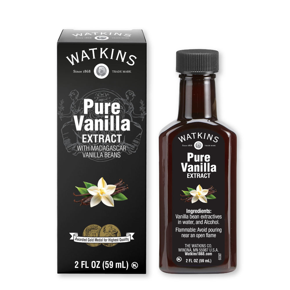 Watkins Pure Vanilla Extract 2oz bottle with Madagascar beans for rich baking.