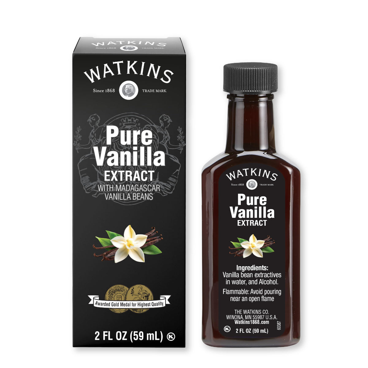 Watkins Pure Vanilla Extract 2oz bottle with Madagascar beans for rich baking.