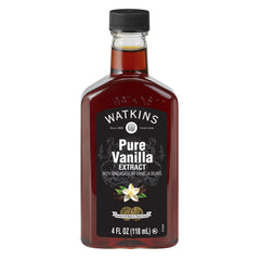 Watkins Pure Vanilla Extract bottle on a counter for rich baked flavor.