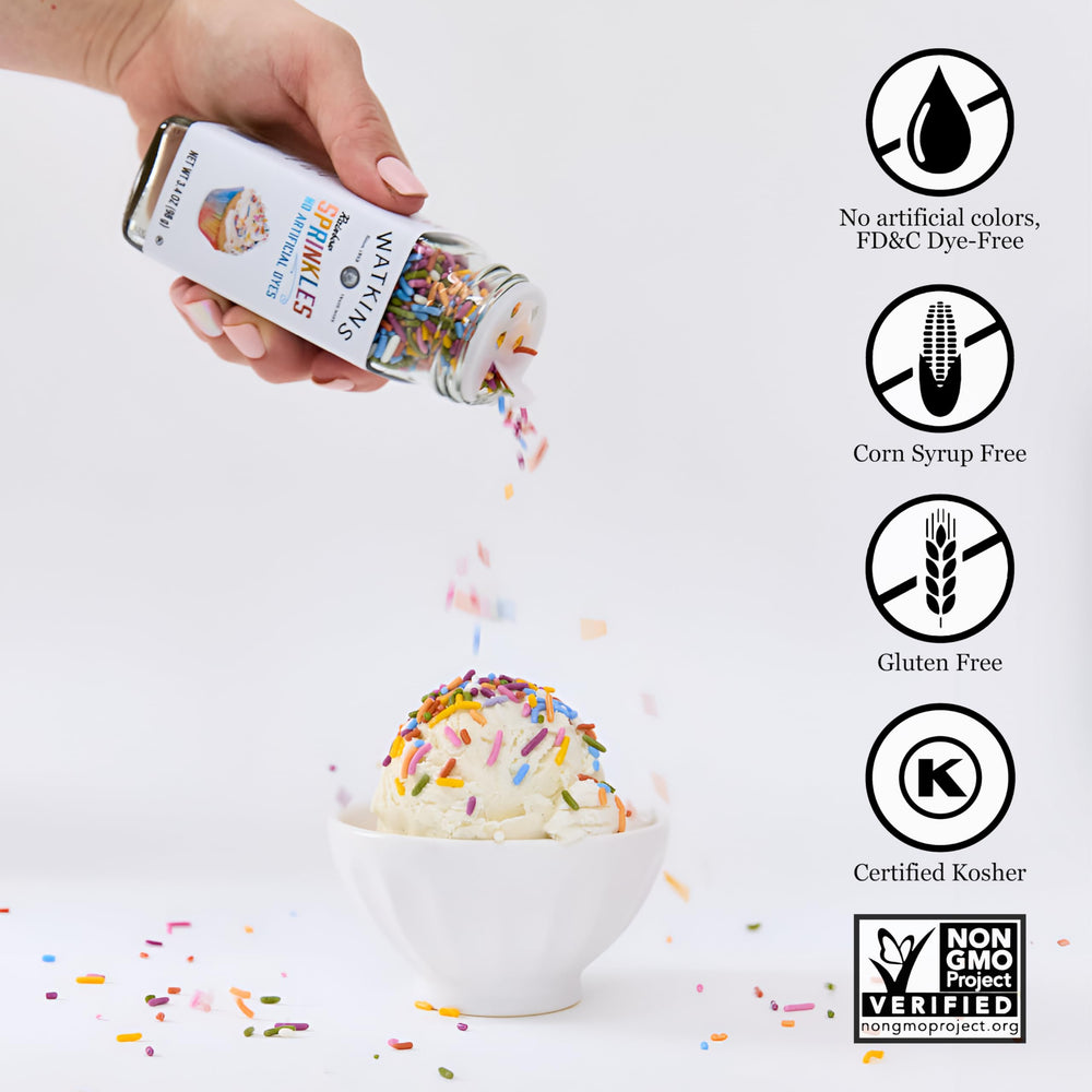 Watkins Rainbow Sprinkles on cupcakes close-up, color variety enhances treats