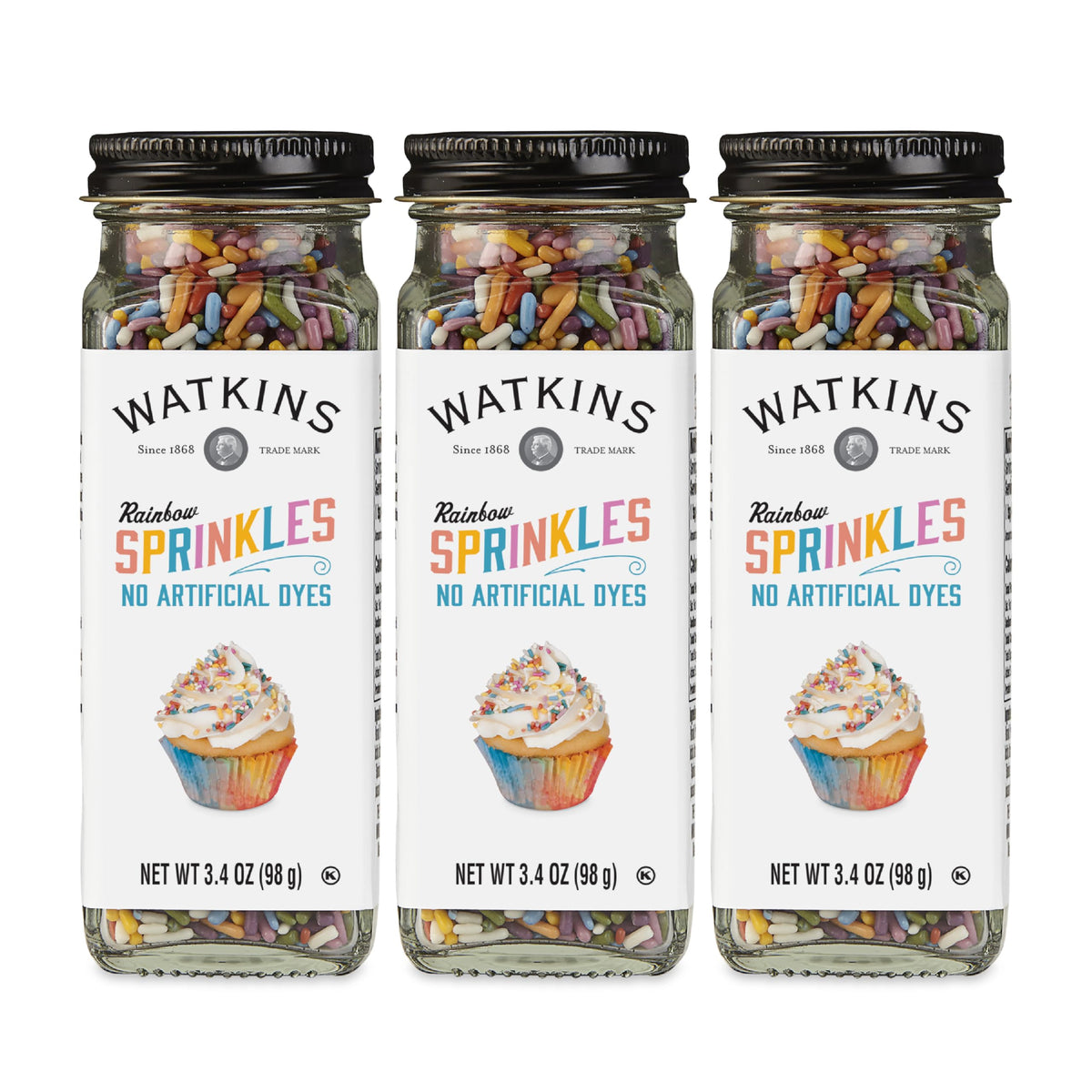 Watkins Rainbow Decorating Sprinkles jar front view, vibrant colors for baking