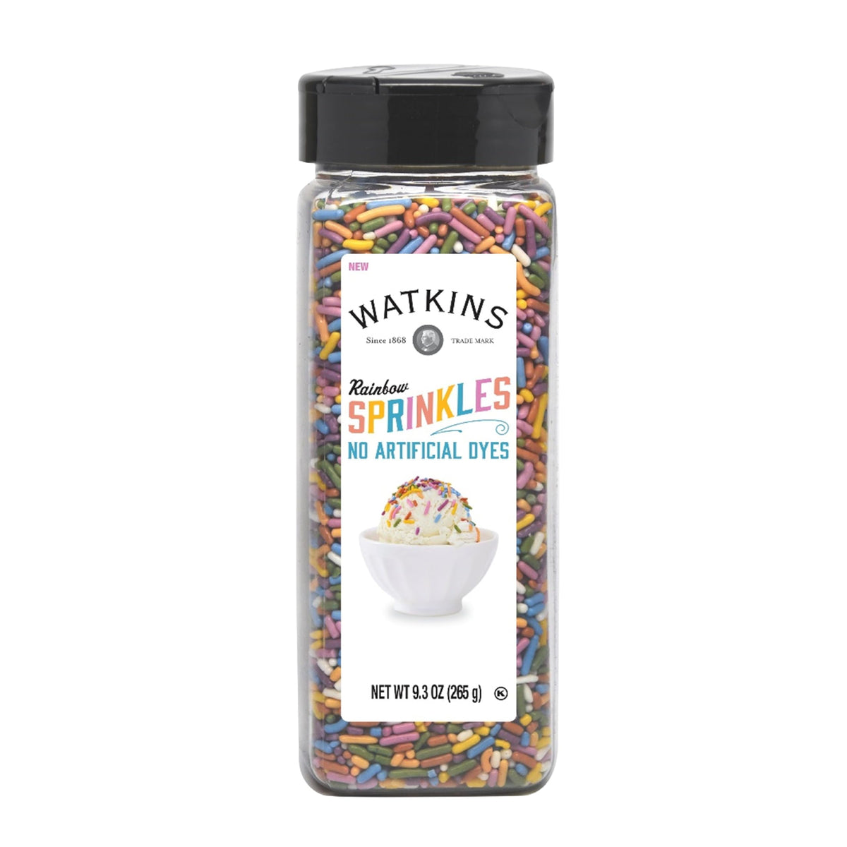 Watkins Rainbow Decorating Sprinkles jar front; vibrant colors for desserts and celebrations.