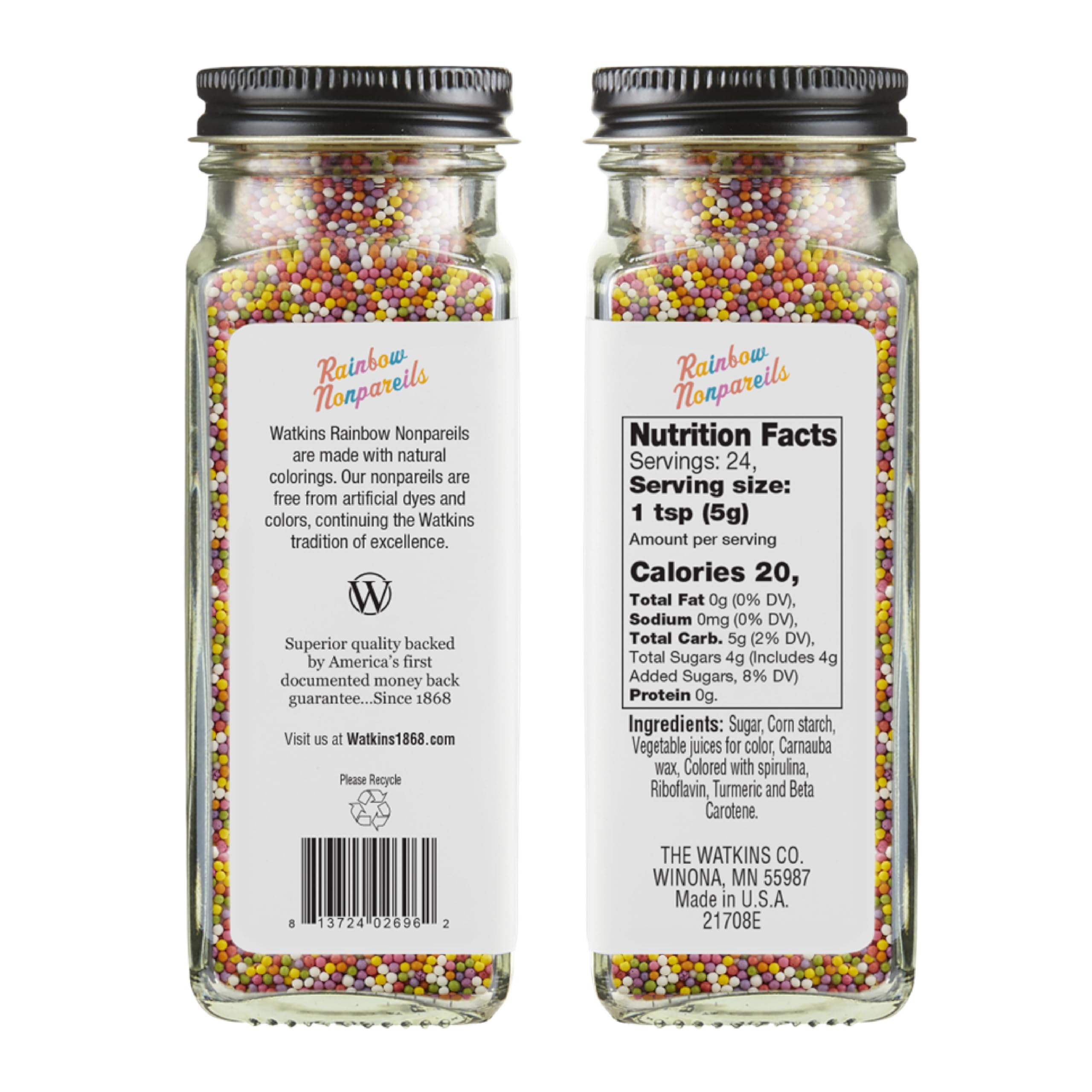 Watkins Rainbow Nonpareils close-up showing glossy, colorful sprinkles for desserts.