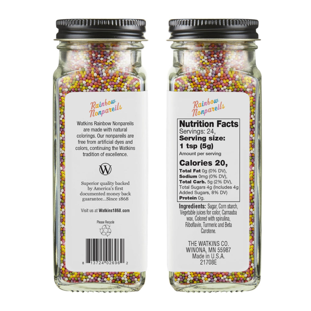 Watkins Rainbow Nonpareils close-up showing glossy, colorful sprinkles for desserts.