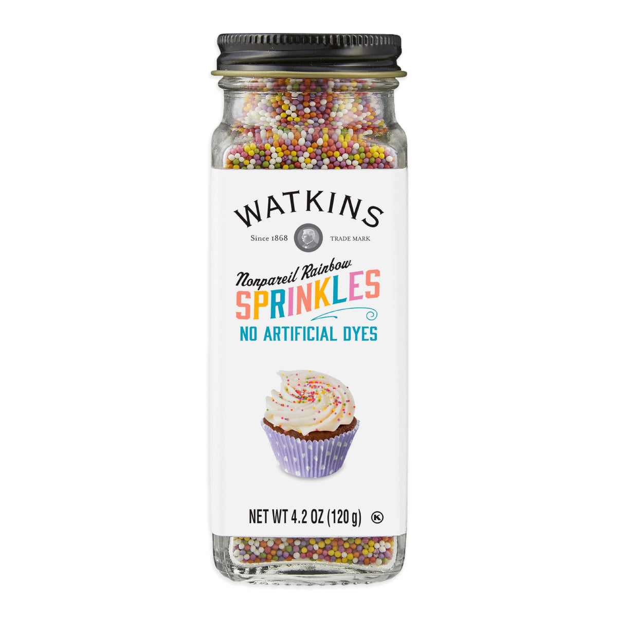 Watkins Rainbow Nonpareils jar front for vibrant cake decoration.