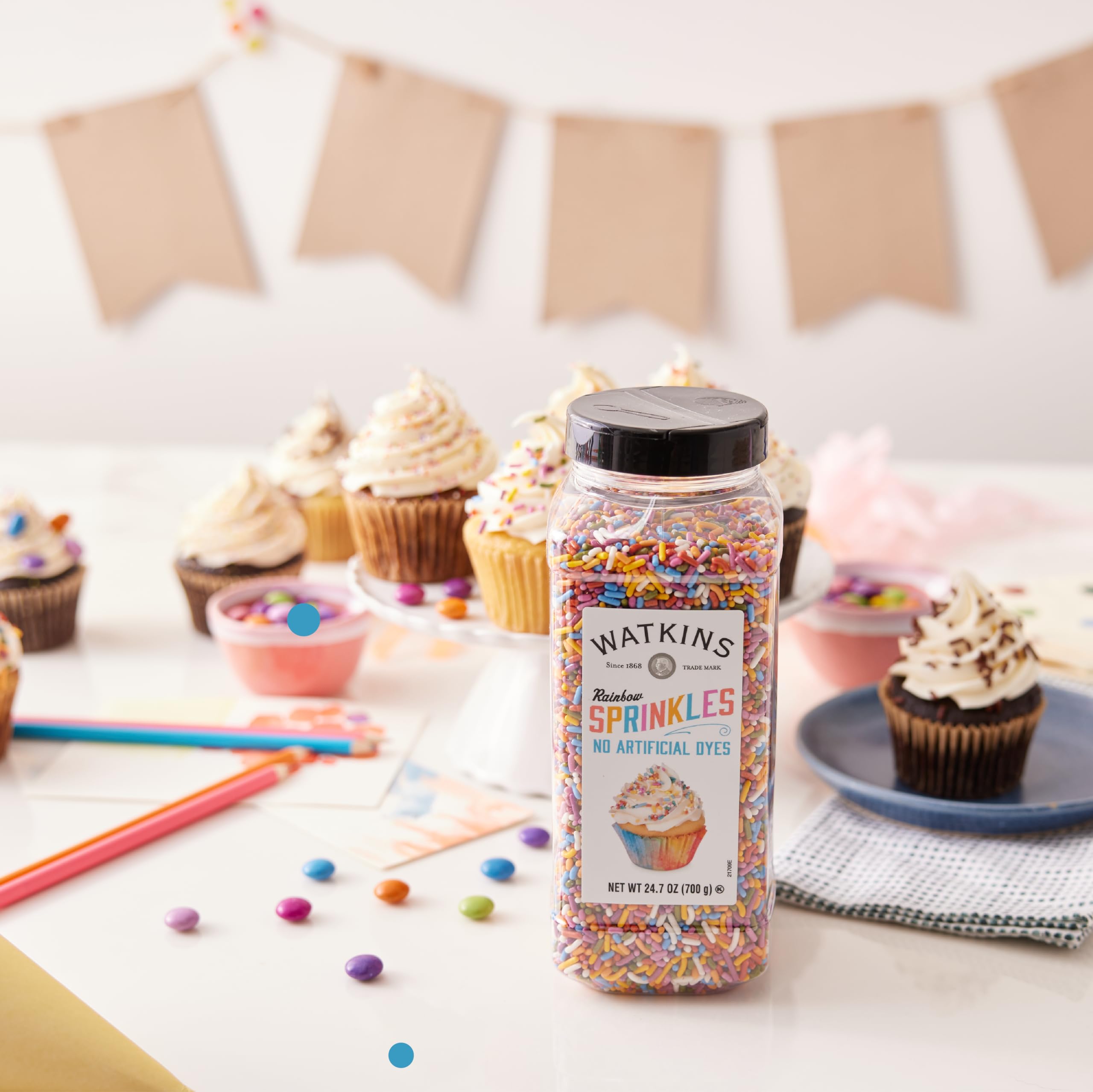 Watkins Rainbow Sprinkles in a 24.7 oz jar offer easy, color-safe decorating.