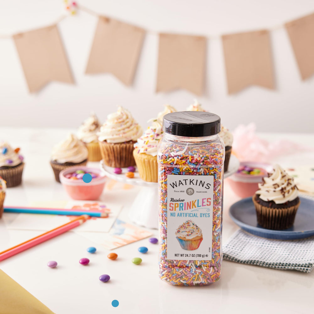 Watkins Rainbow Sprinkles in a 24.7 oz jar offer easy, color-safe decorating.