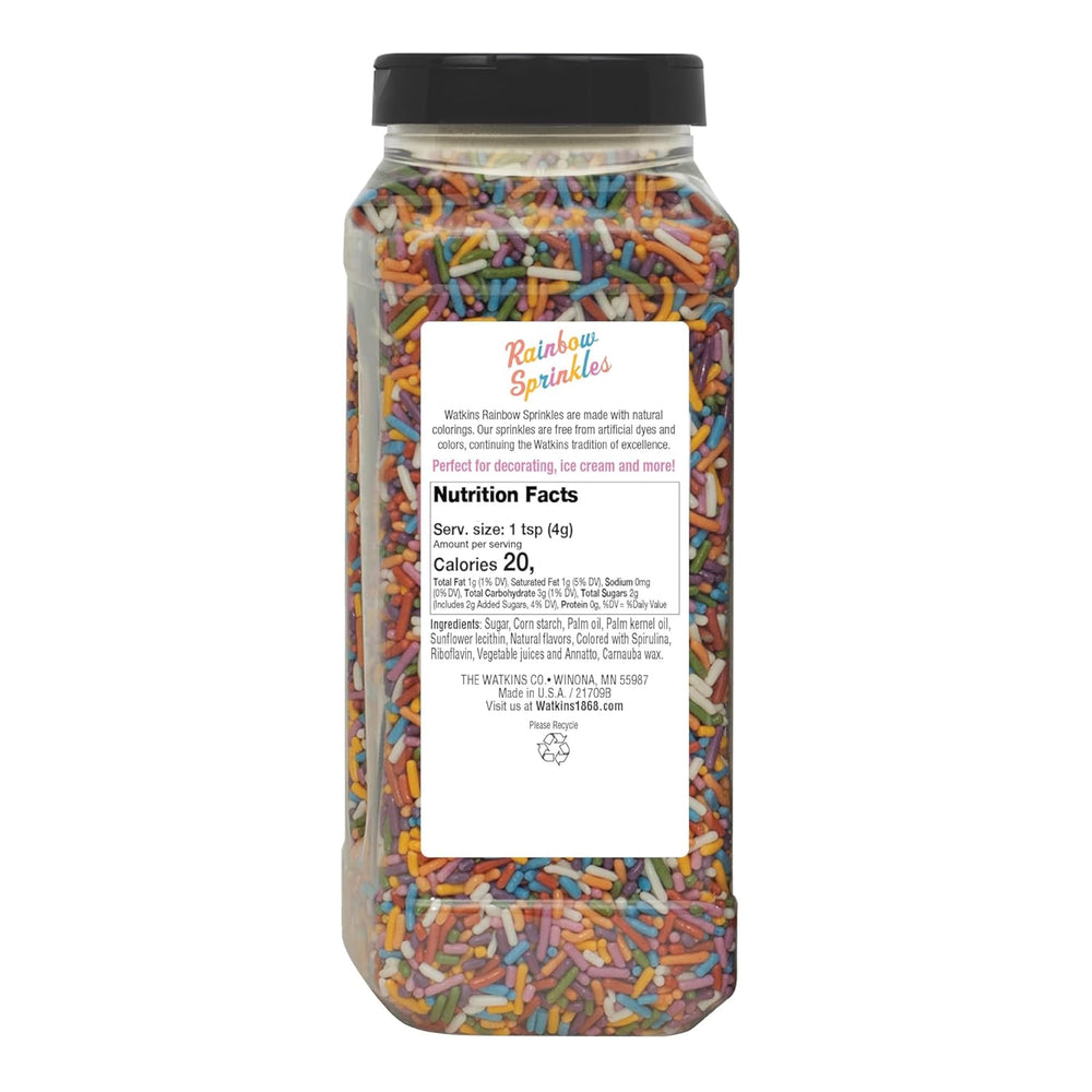 Watkins rainbow sprinkles closeup; colors highlight FD&C dye-free quality.