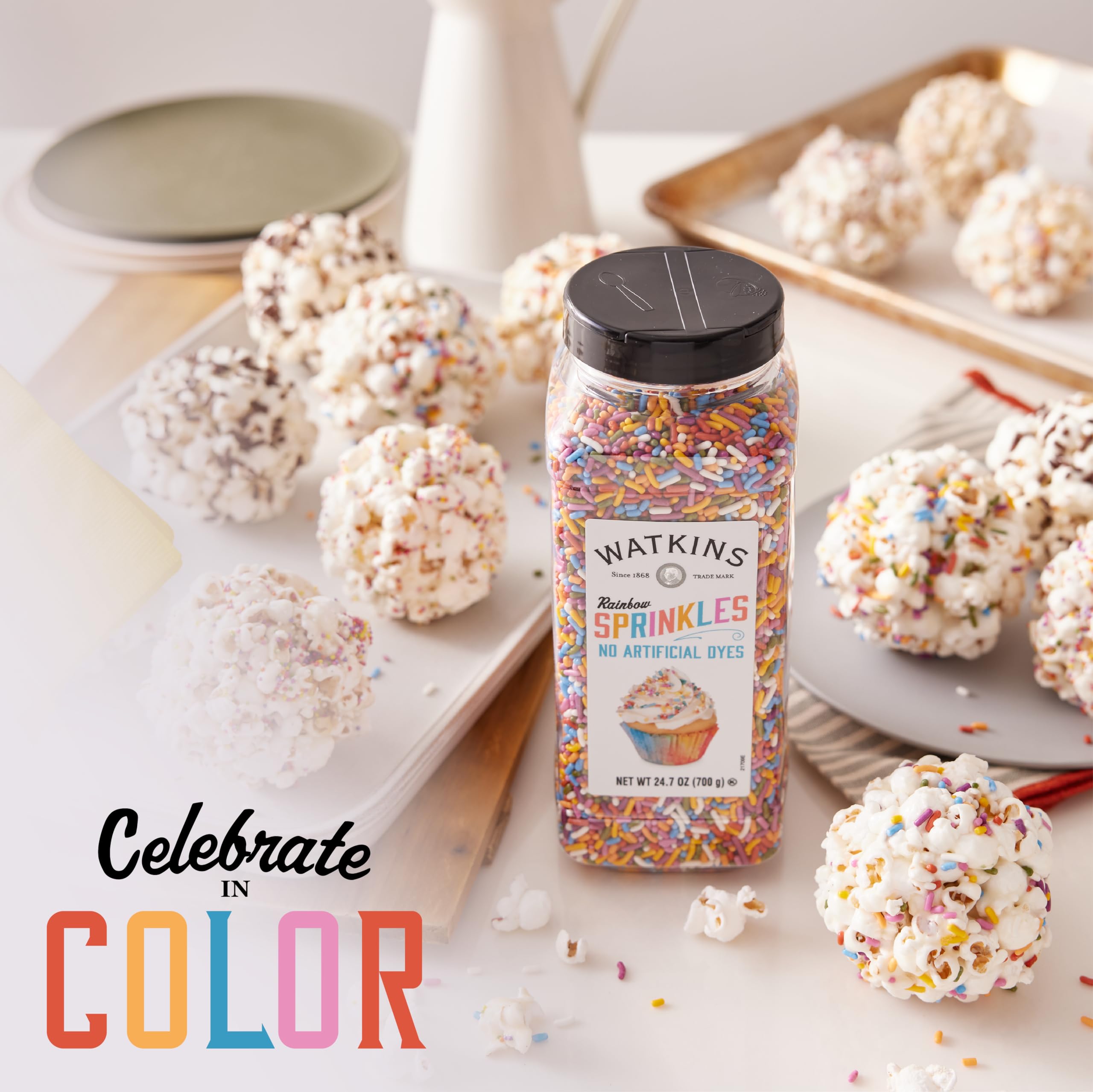 Watkins Rainbow Sprinkles embellish yogurt and parfaits with colorful texture.
