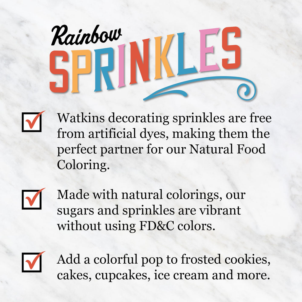 Watkins Rainbow Sprinkles jar with spoon ready for DIY dessert topping