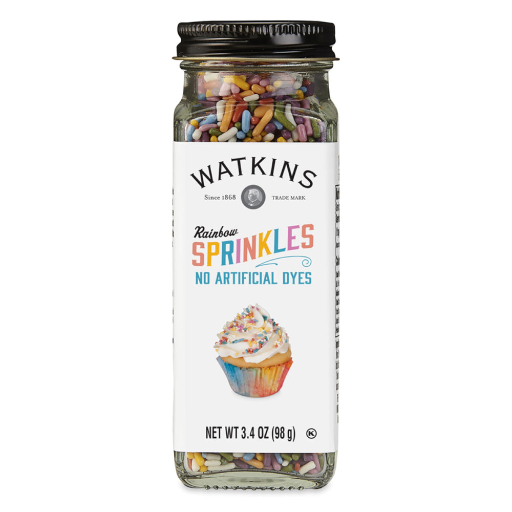Watkins Rainbow Sprinkles jar top view adds vibrant color to cupcakes and cookies