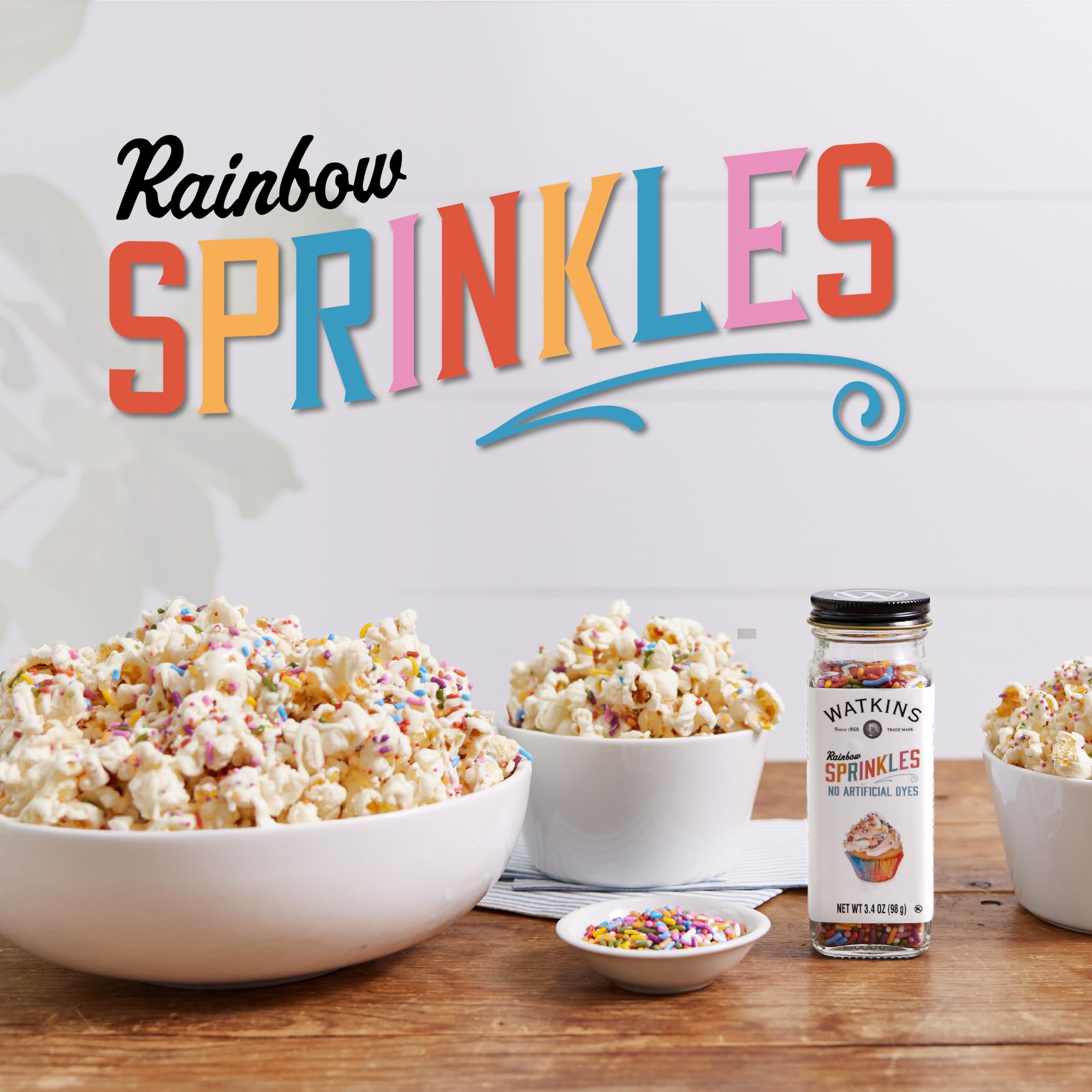 Watkins Rainbow Sprinkles close-up highlights bright hues and non-GMO gluten-free ingredients