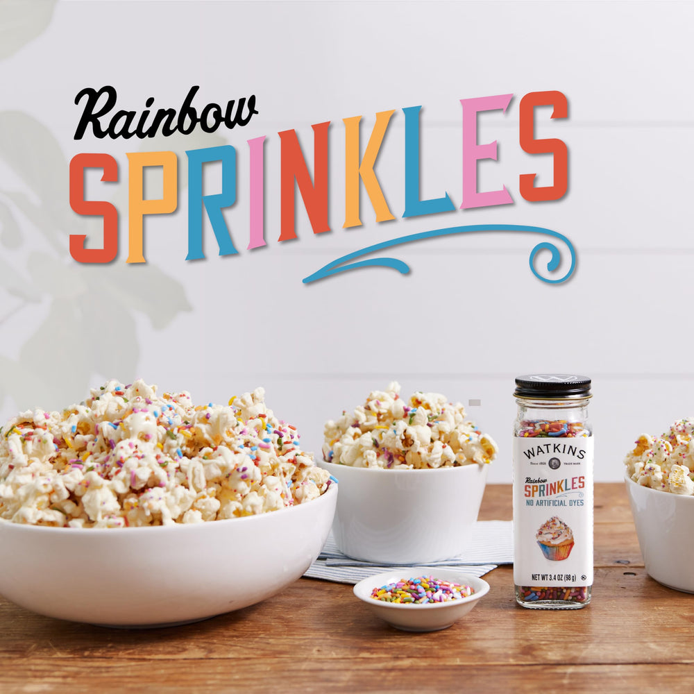 Watkins Rainbow Sprinkles close-up highlights bright hues and non-GMO gluten-free ingredients