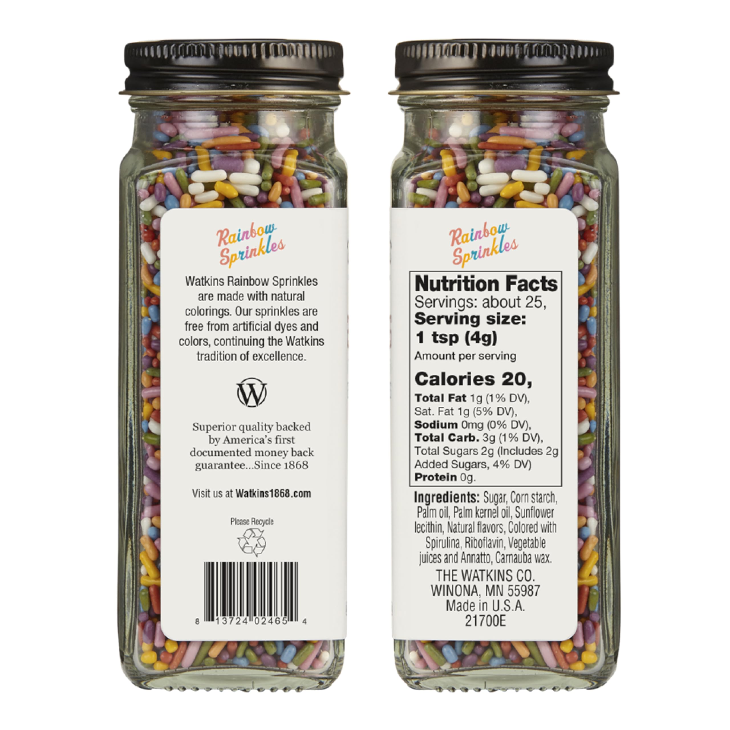Watkins Rainbow Sprinkles sprinkled on a cupcake show clean color without artificial additives
