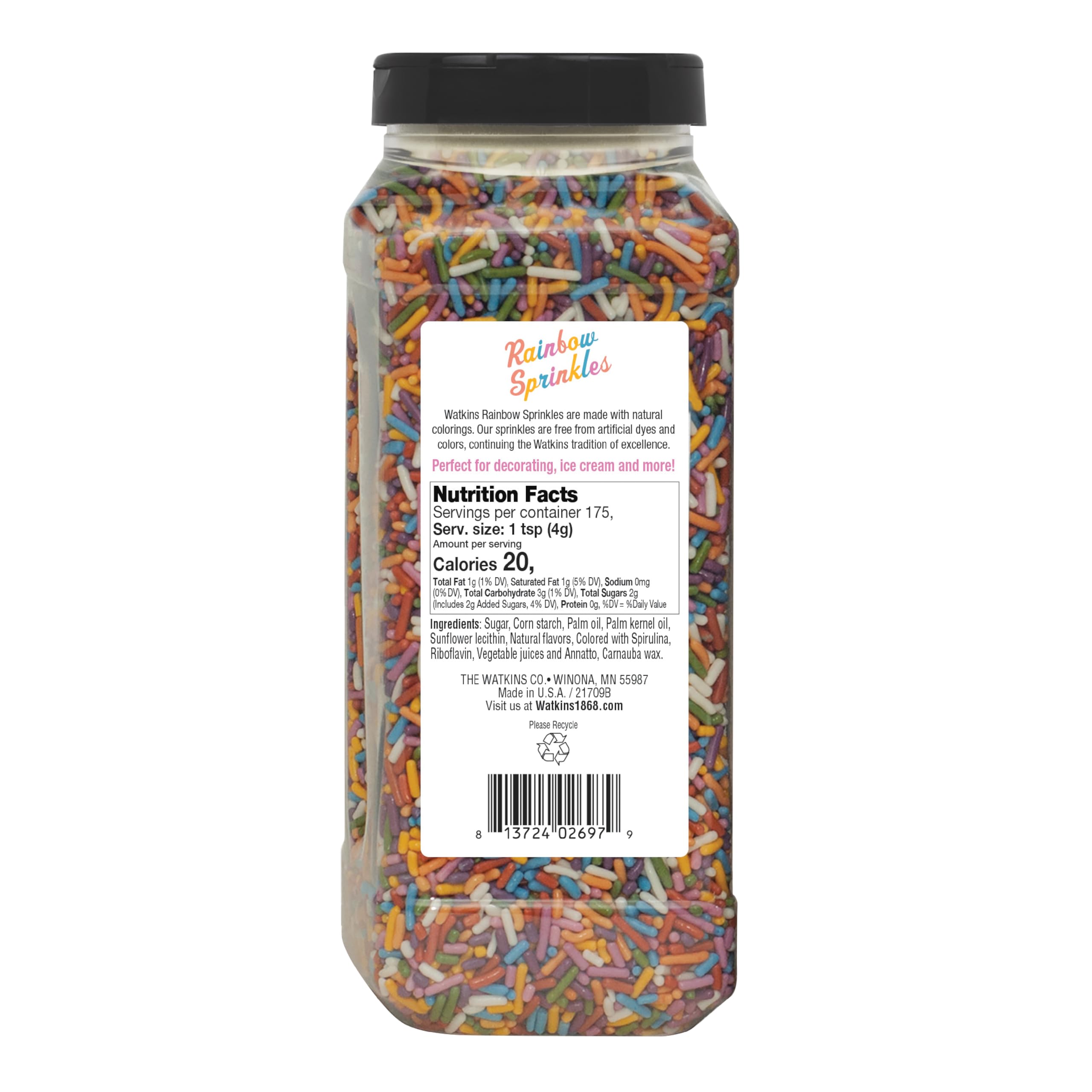 Watkins rainbow sprinkles brighten ice cream with natural, non-artificial hues.