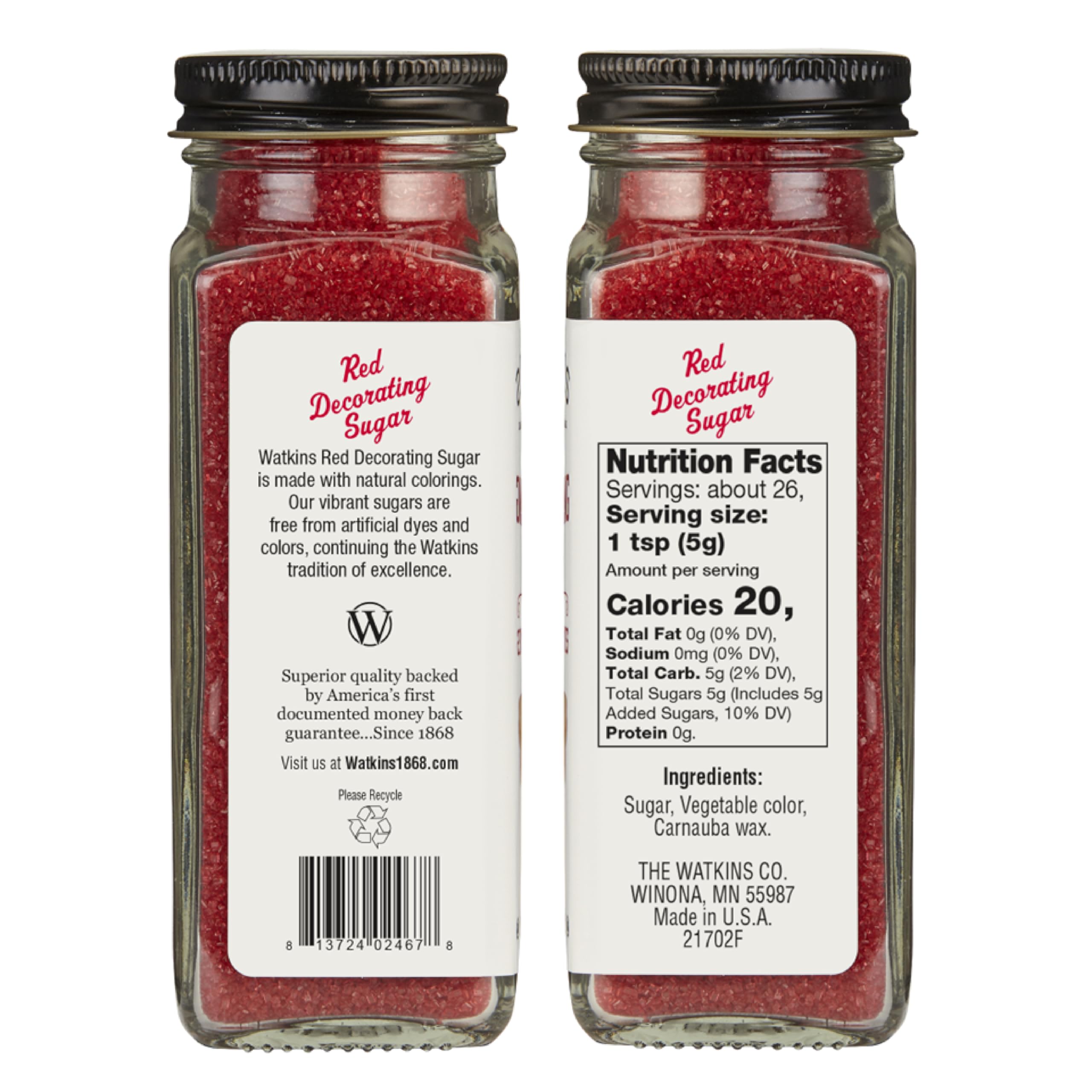 Watkins Red Decorating Sugar on cupcakes adds festive color and shine.