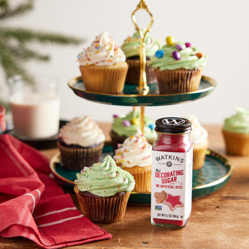 Watkins Red Decorating Sugar featured in holiday treats setup.