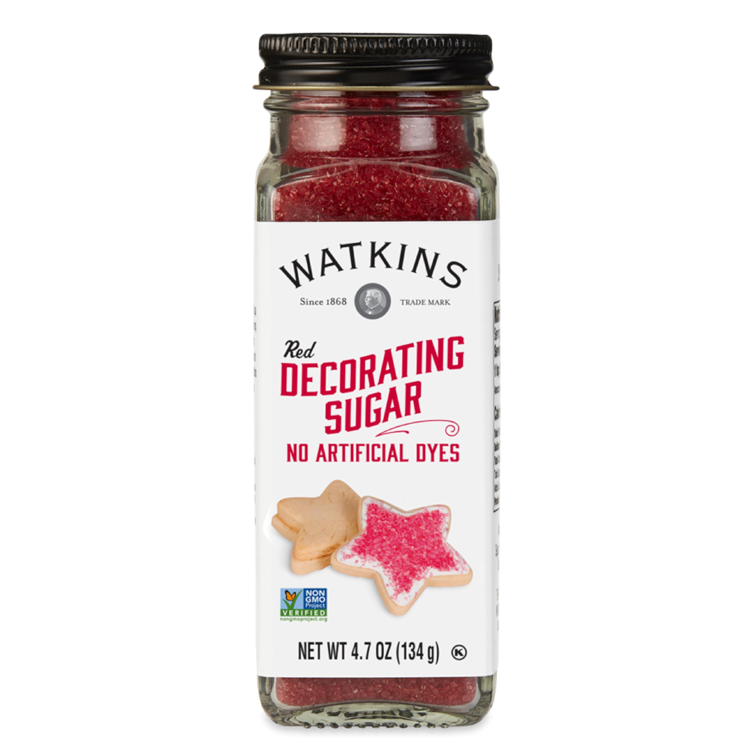 Watkins Red Decorating Sugar jar shows vibrant color from natural colorings.