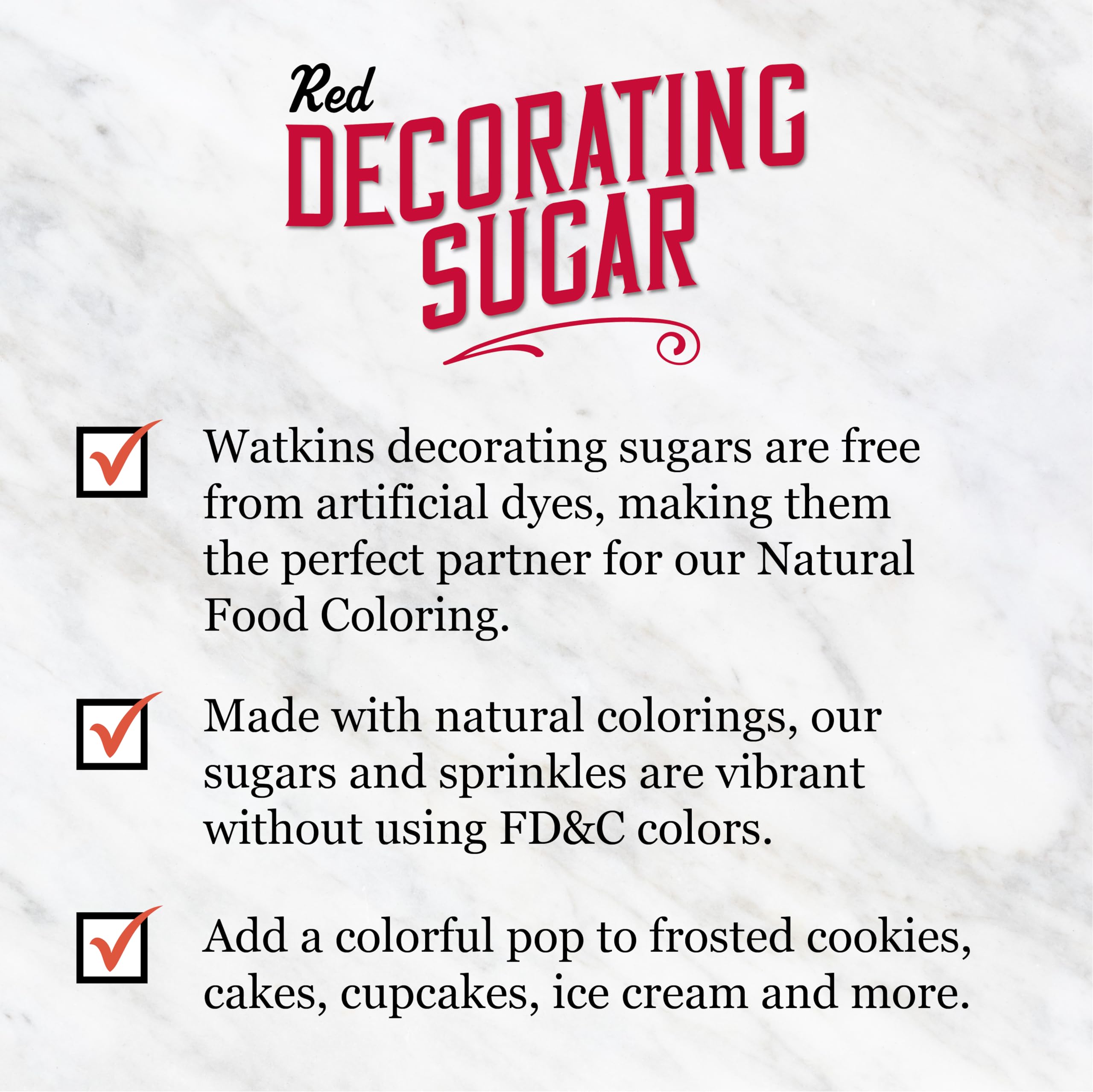 Watkins Red Decorating Sugar packaging highlights USA-made quality.