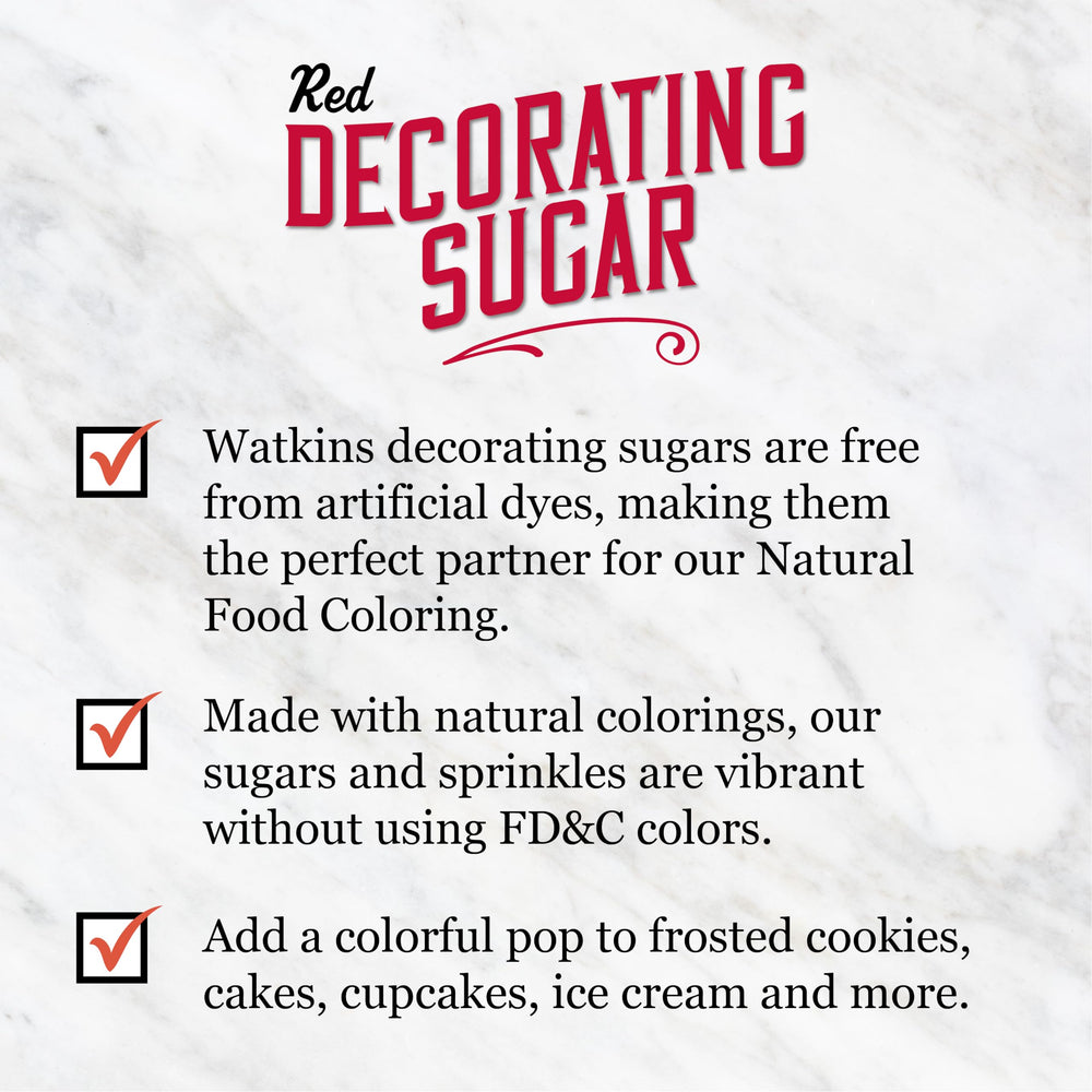 Watkins Red Decorating Sugar packaging highlights USA-made quality.