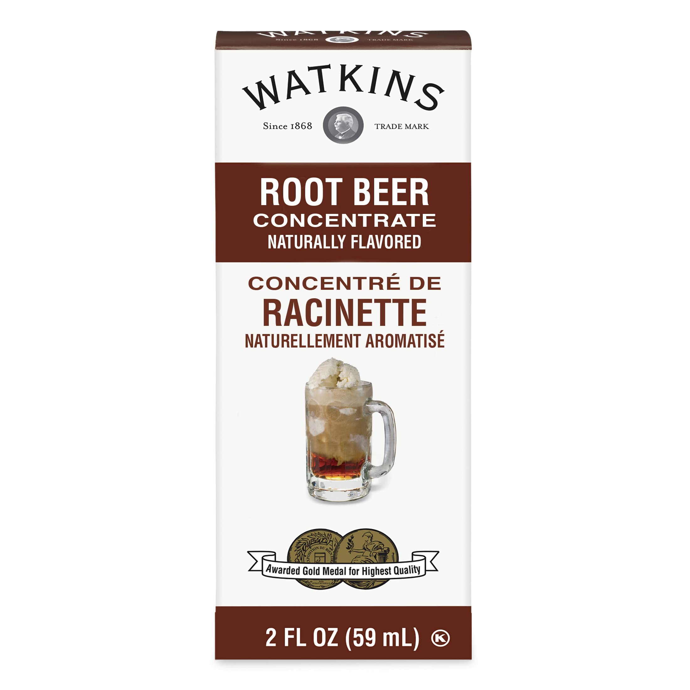 Watkins Root Beer Concentrate bottle shown for rich flavor in recipes.