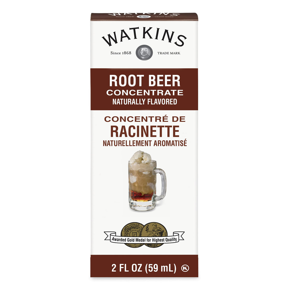 Watkins Root Beer Concentrate bottle shown for rich flavor in recipes.