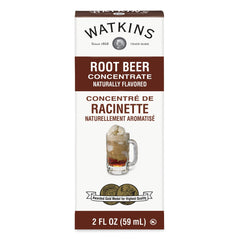 Watkins Root Beer Concentrate bottle shown for rich flavor in recipes.