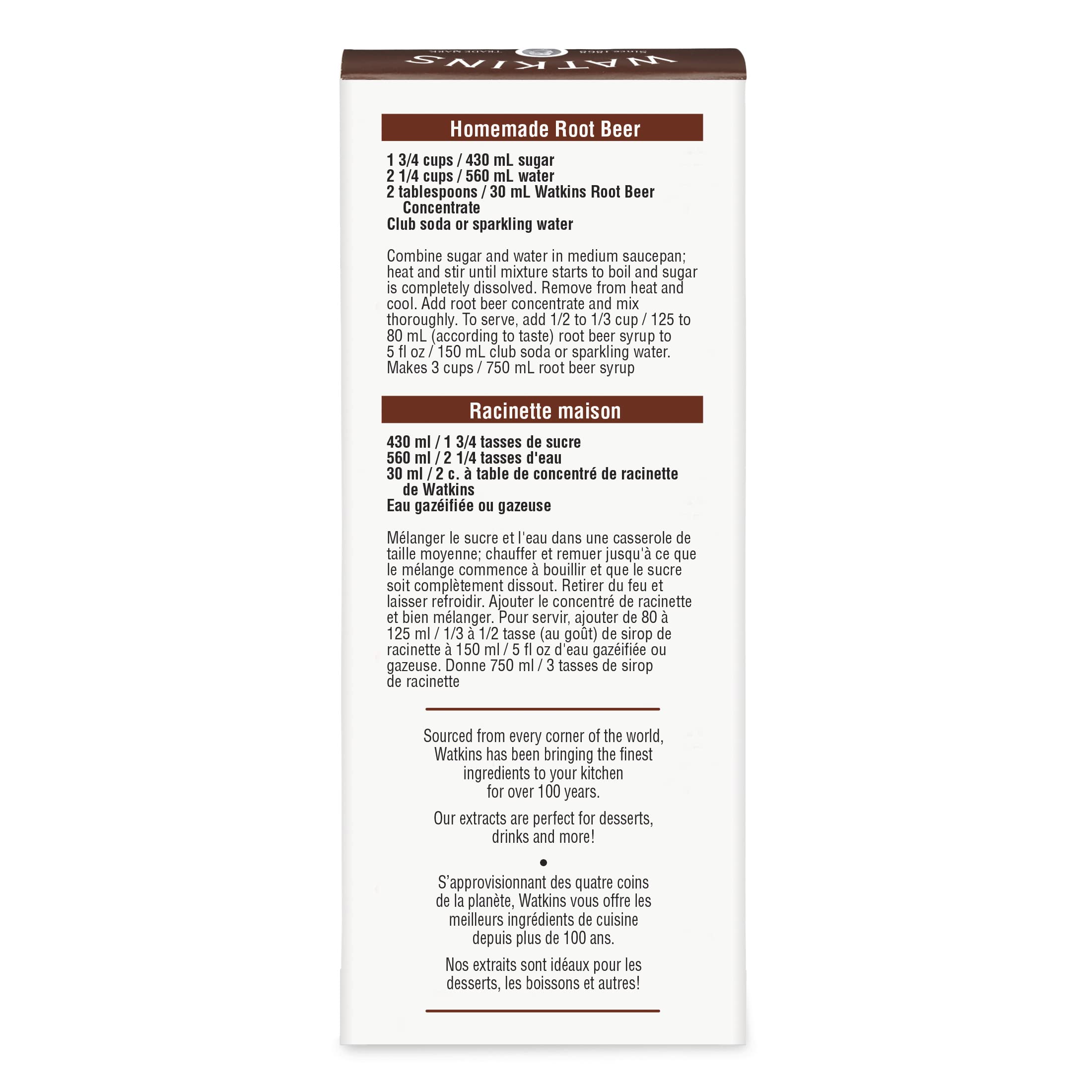 Watkins Root Beer Concentrate ingredients emphasize non-GMO and gluten-free quality.