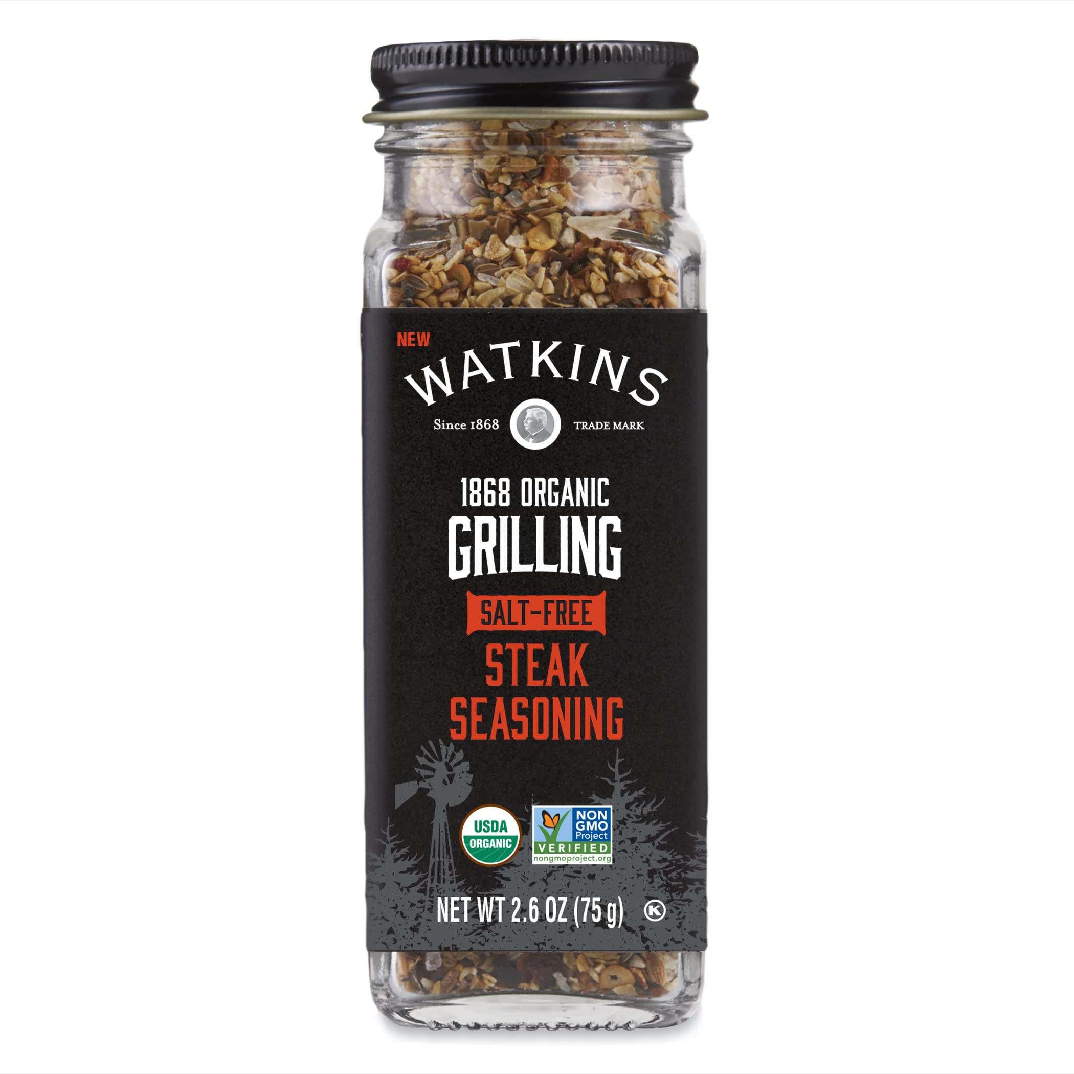 Watkins Salt-Free Organic Steak Seasoning bottle enhances grilling flavor with a bold, natural blend.