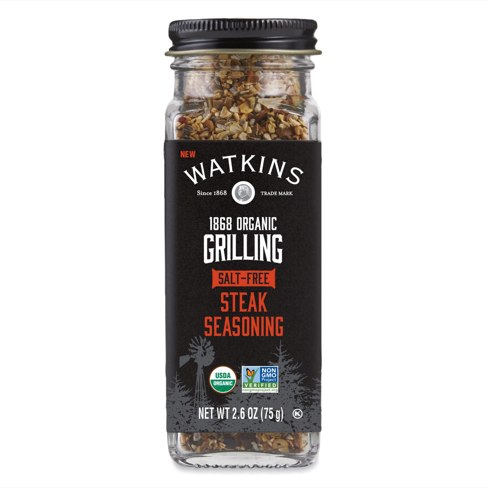 Watkins Salt-Free Organic Steak Seasoning bottle enhances grilling flavor with a bold, natural blend.