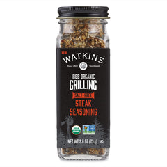Watkins Salt-Free Organic Steak Seasoning bottle enhances grilling flavor with a bold, natural blend.