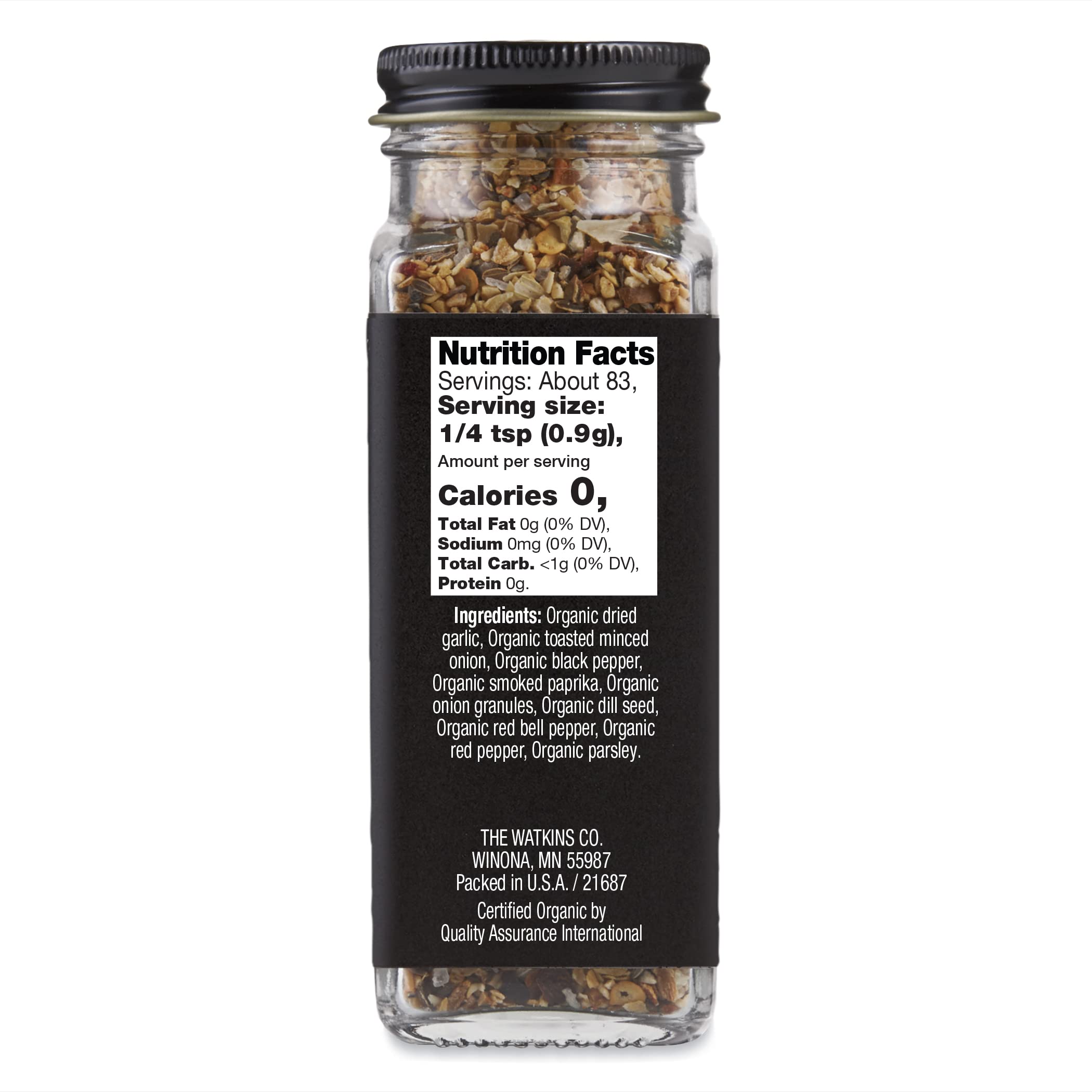 Watkins Salt-Free Organic Steak Seasoning label closeup shows organic, salt-free ingredients for versatile cooking.