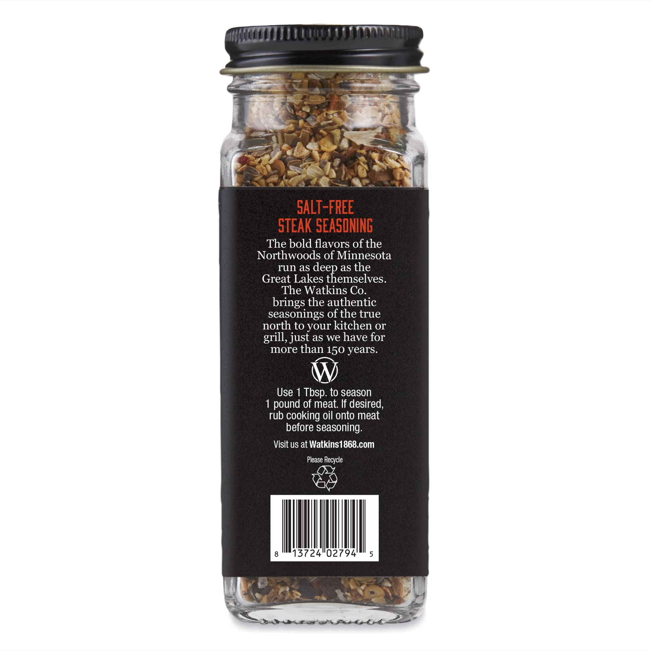 Watkins Salt-Free Organic Steak Seasoning spice rim signals ready-to-season flavor enhancement.