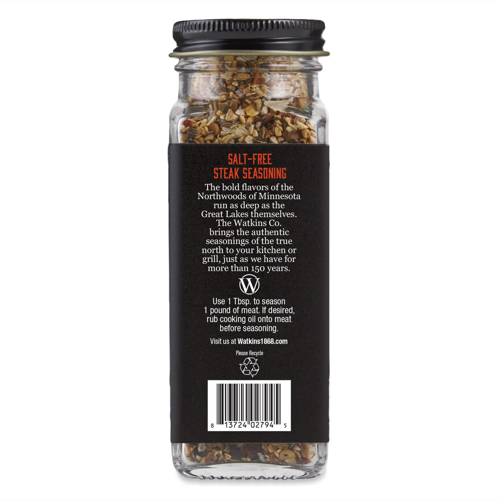 Watkins Salt-Free Organic Steak Seasoning spice rim signals ready-to-season flavor enhancement.