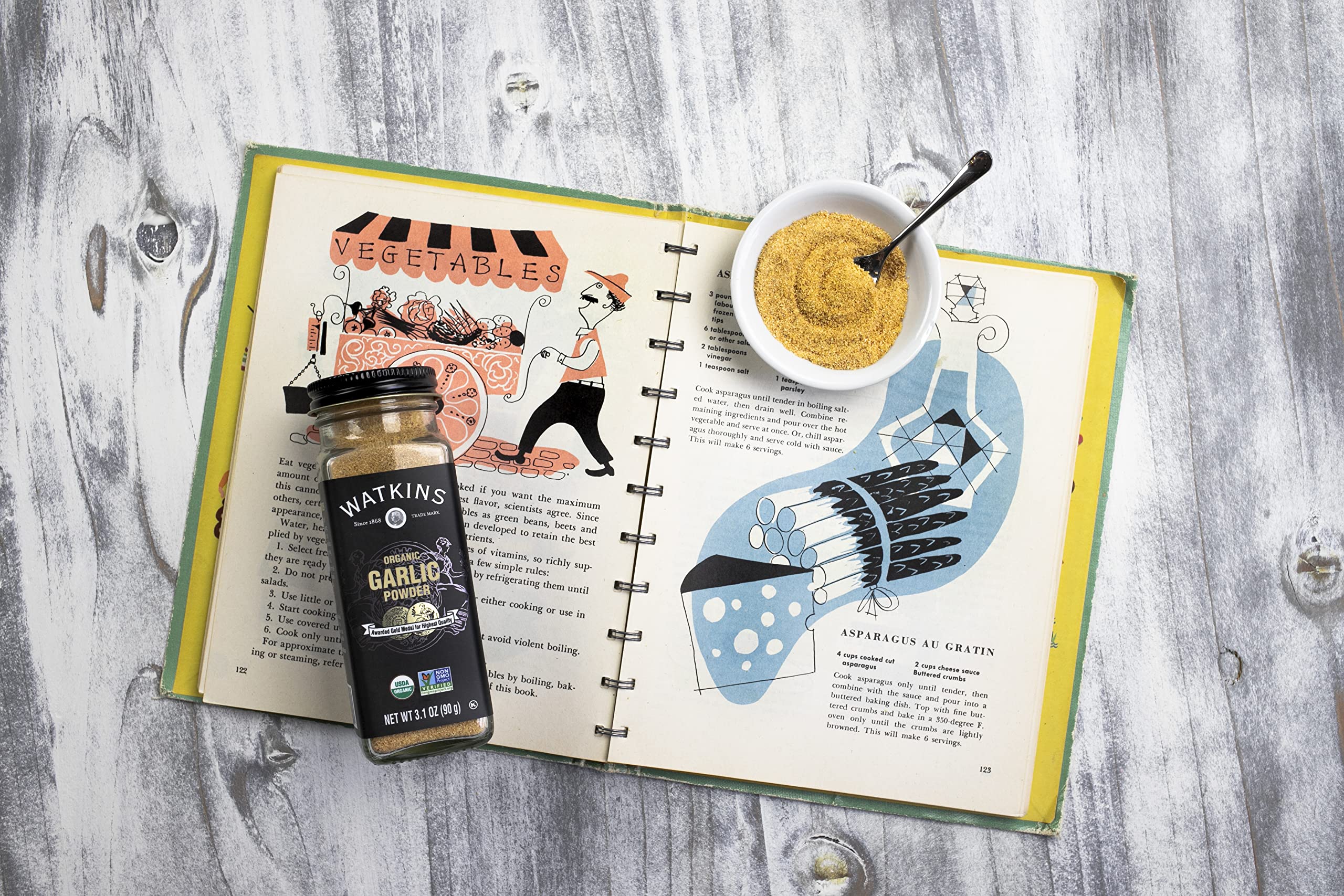 Watkins spice rack with organic garlic powder adds aroma to dishes.
