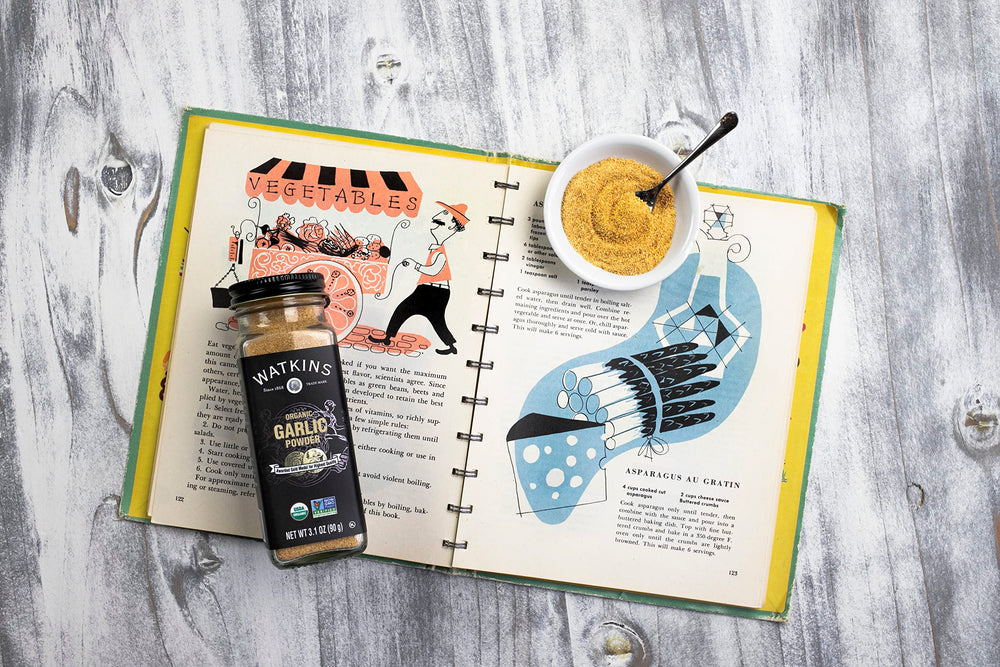 Watkins spice rack with organic garlic powder adds aroma to dishes.