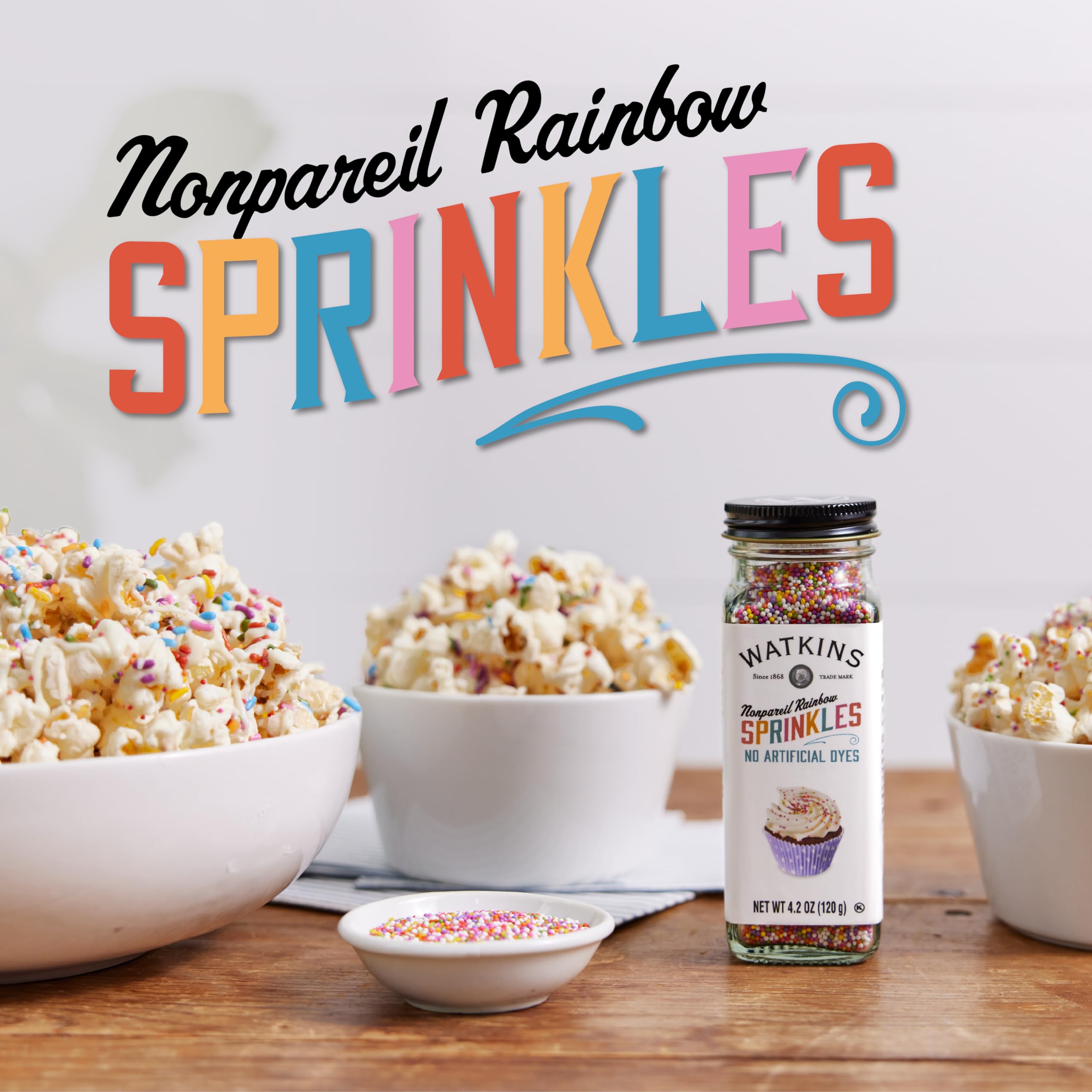 Watkins sprinkles on cake frosting add festive color and texture.