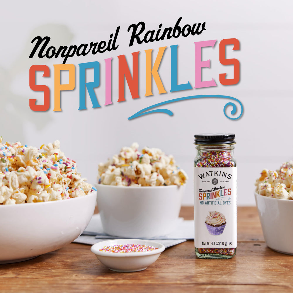 Watkins sprinkles on cake frosting add festive color and texture.
